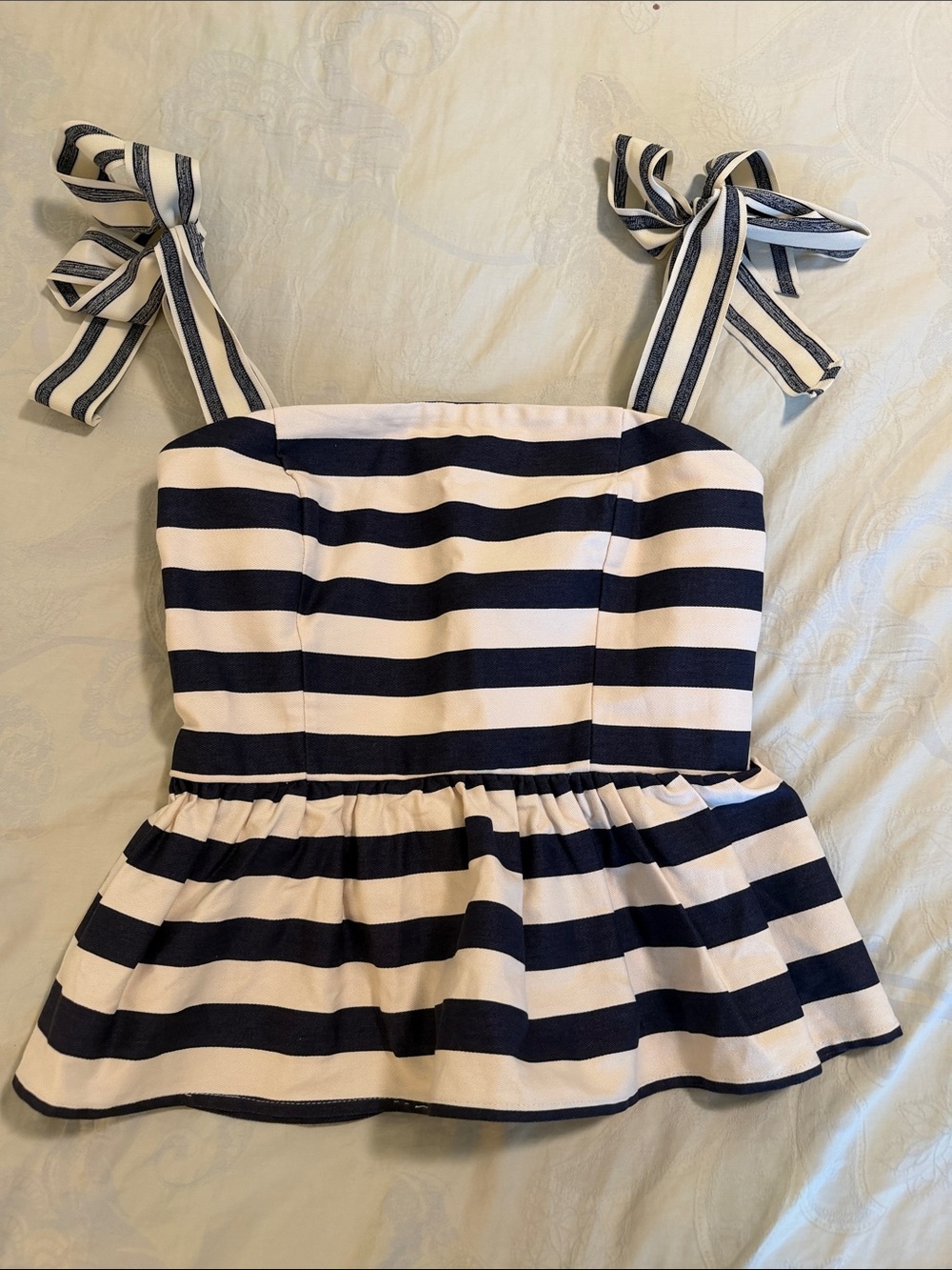 Vici Women’s Navy and White Striped Peplum Tank with Tie Straps size M